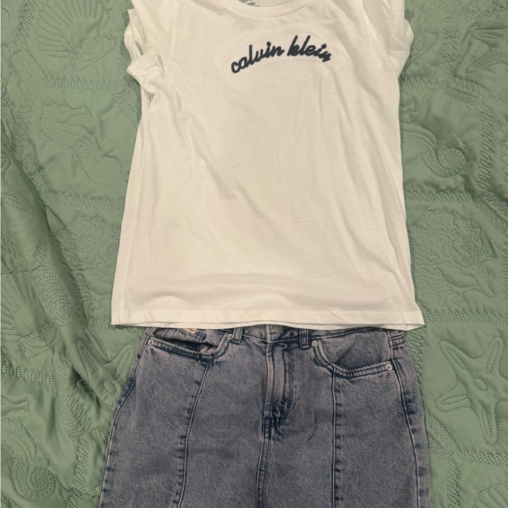 Calvin Klein White Tee with Navy Script Logo and Jean skirt